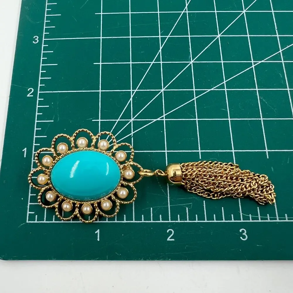Sarah Coventry Magic Moods Faux Turquoise Brooch Gold Tone Chain Tassel 1973